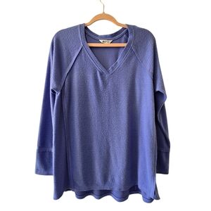 Wildfox Fuzzy Fleece Waffle Weave Thermal V Neck Longsleeve Sweater Top Medium